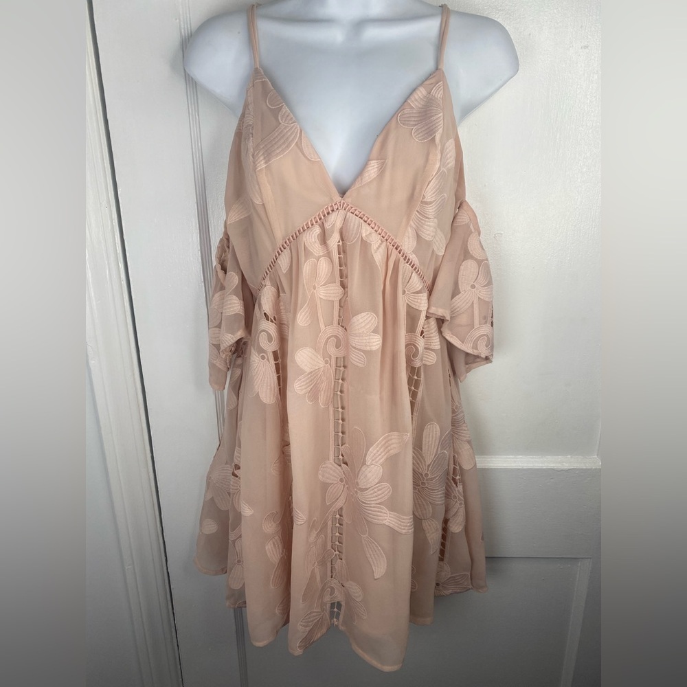 Lovers + Friends Blush Pink Embroidered Eyelet A-Line Dress w Cutout Shoulders